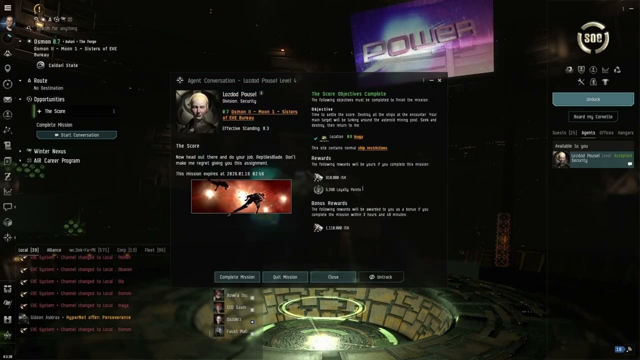 Eve Online Sisters of Eve not getting rewards for missions.